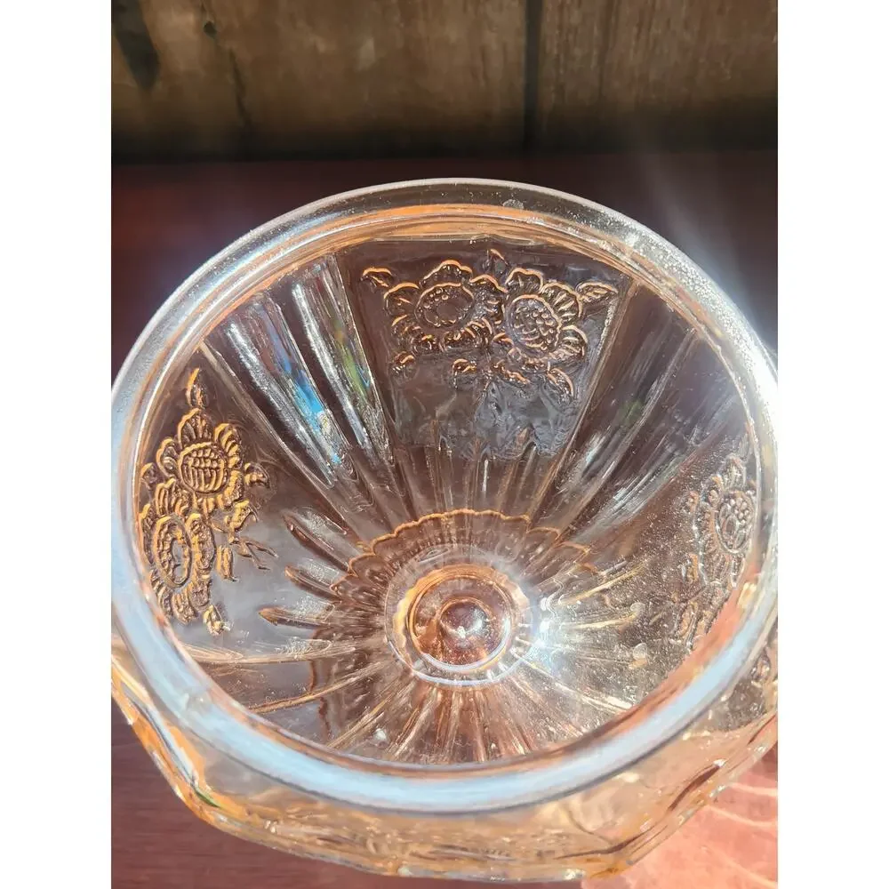 Vintage Pink Depression Glass Footed Covered Candy Dish Floral Medallion Design